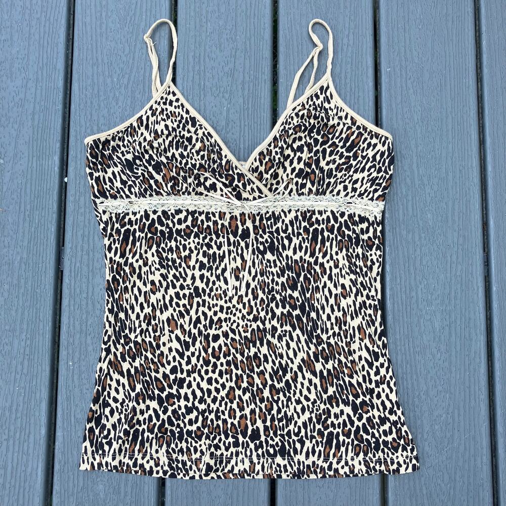 Leopard print surplice wrap babydoll camisole with lace trim and bow, Y2K 2000s